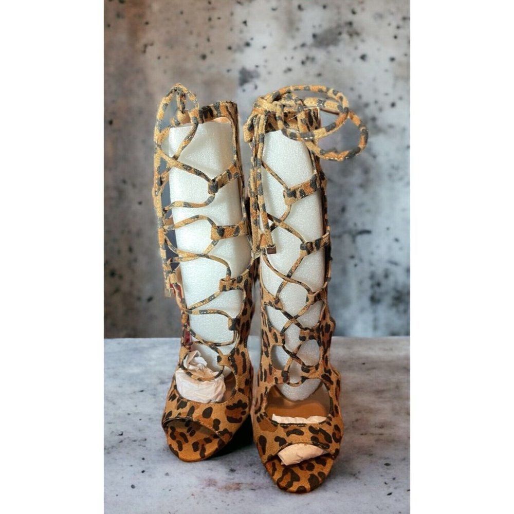 Breckelles Roma-51 Leopard Faux Suede Lace Up Stiletto Sandal Strappy Sandals - Picture 2 of 8